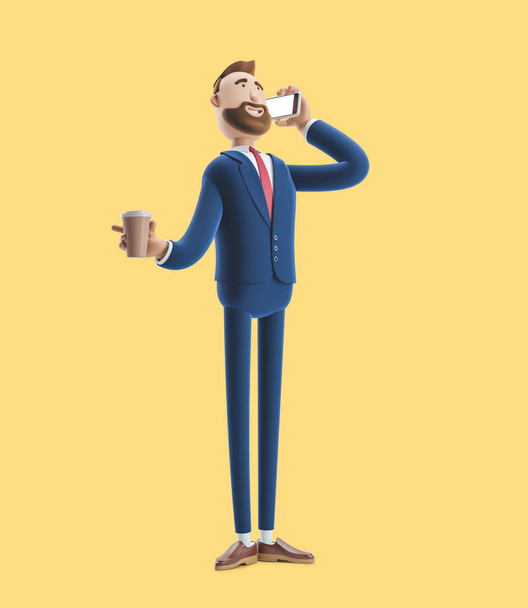 Zeichentrickfigur telefoniert und hält Kaffee. 3D Illustration auf gelbem Hintergrund - Foto, Bild