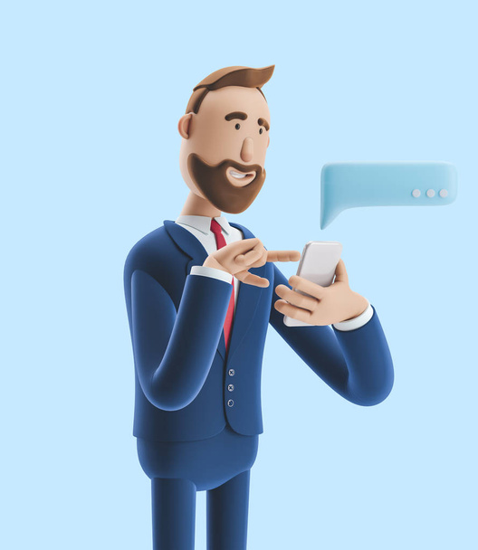 Ο χαρακτήρας κινουμένων σχεδίων στέλνει μήνυμα από το τηλέφωνο. εικονογράφηση 3D σε μπλε φόντο - Φωτογραφία, εικόνα