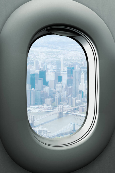 3D-rendering van een vliegtuig venster met uitzicht op de Brooklyn Bridge en Manhattan, New York City - Foto, afbeelding
