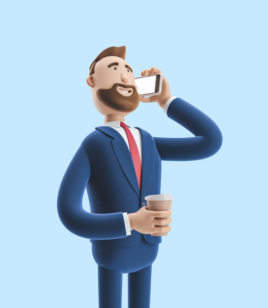 χαρακτήρας καρτούν που μιλάει στο τηλέφωνο και κρατά καφέ. εικονογράφηση 3D σε μπλε φόντο - Φωτογραφία, εικόνα