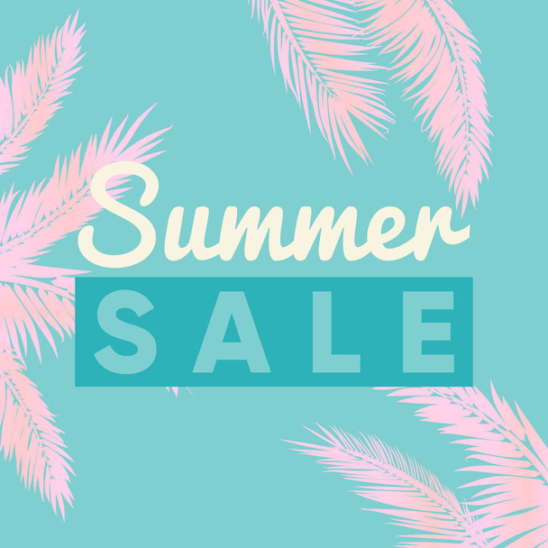 Summer sale banner with pink palm tree leaves on a green background. Ready to use in social media, posters, flyers, wallpapers, packaging, textile, fabric and advertising. - Vector, Image