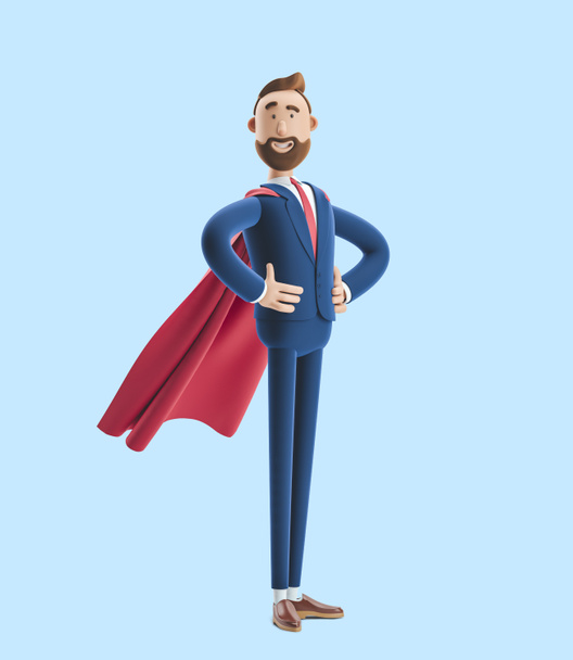 Мультиплікаційний персонаж Біллі одягнений як супергерой. 3D ілюстрація на синьому фоні - Фото, зображення