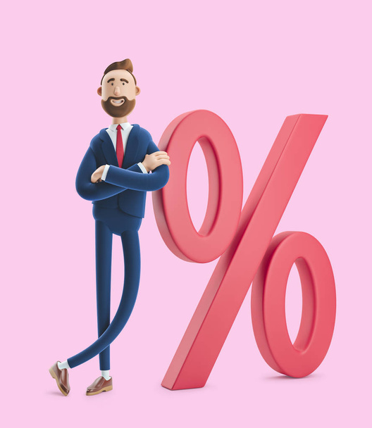 Postava z kresleného filmu Billy s velkou procentní ikonou. Koncept obchodní úrokové sazby. 3D ilustrace na růžovém pozadí - Fotografie, Obrázek