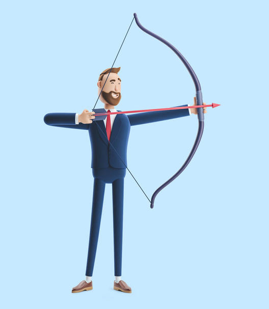 Zeichentrickfigur Geschäftsmann Billy zielt mit Pfeil und Bogen. 3D-Abbildung auf blauem Hintergrund - Foto, Bild