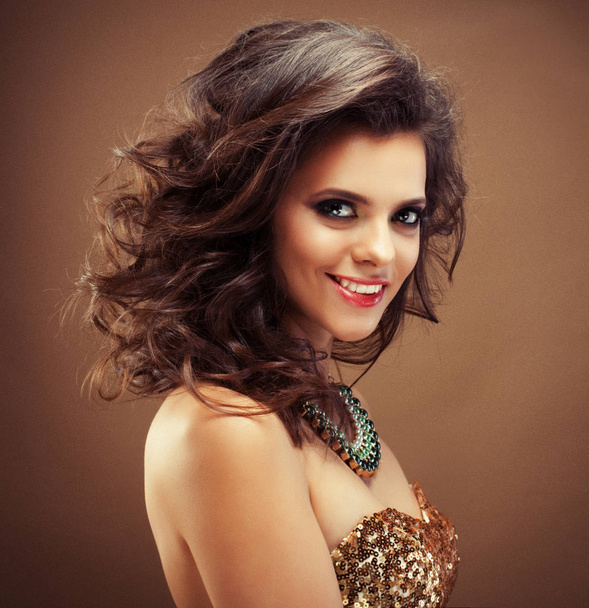 Beautiful model with curly hairstyle, close up portrait. Beauty concept. - Photo, Image