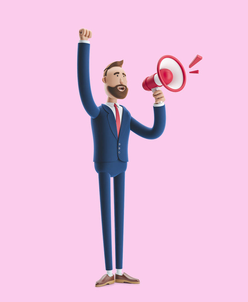 Cartoon personage Billy schreeuwen door luide spreker. 3D-illustratie op roze achtergrond - Foto, afbeelding