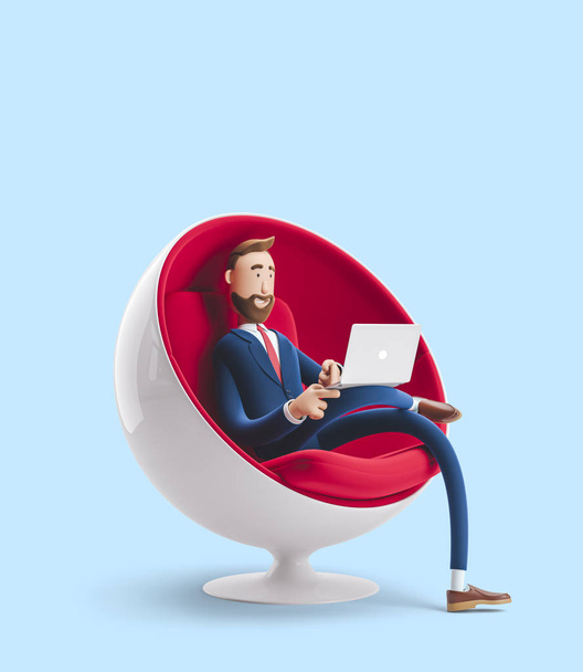 Yakışıklı çizgi film karakteri Billy dizüstü bilgisayar ile bir yumurta sandalyede oturuyor. Mavi arka plan üzerinde 3d illüstrasyon - Fotoğraf, Görsel