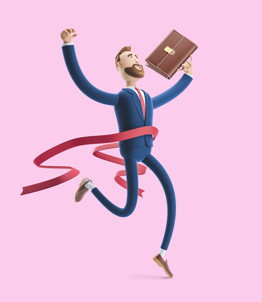 Cartoon character Billy winning the competition. Successful businessman. 3d illustration on pink background - Photo, Image