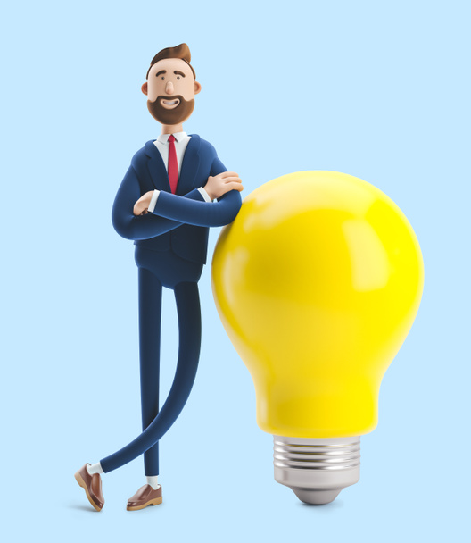 Obchodník Billy se žlutou žárovkou. Koncepce inovací a inspirace. 3D ilustrace na modrém pozadí - Fotografie, Obrázek