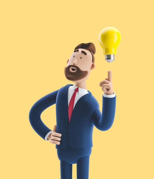 Businessman Billy with yellow bulb. Innovation and inspiration concept. 3d illustration on yellow background - Photo, Image
