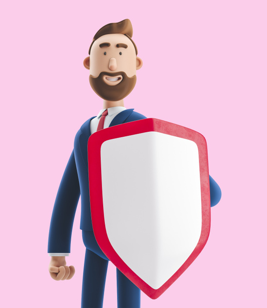 Postava z kresleného filmu Billy se štítem. 3D ilustrace na růžovém pozadí. Bezpečnost a ochrana v podnikání - Fotografie, Obrázek
