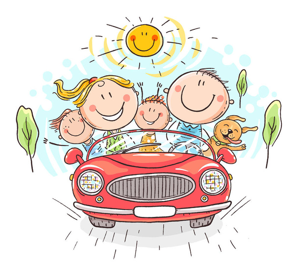Família feliz viajando de carro, viagem de férias
 - Vetor, Imagem