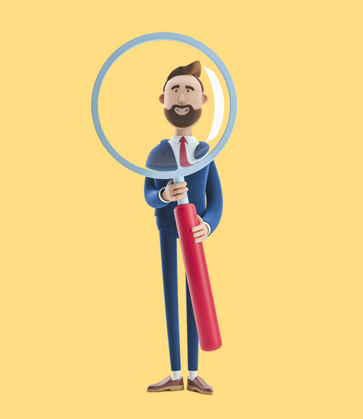 3D-Illustration. Porträt eines gutaussehenden Geschäftsmannes mit Lupe auf gelbem Hintergrund. - Foto, Bild