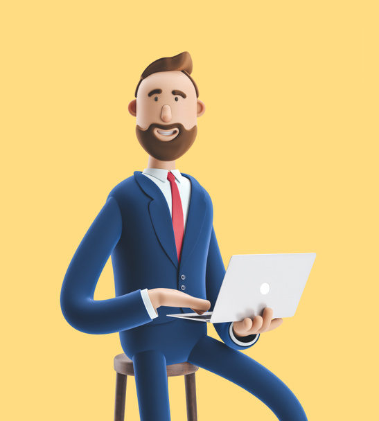 Illustration 3D. Portrait d'un bel homme d'affaires avec ordinateur portable sur fond jaune
. - Photo, image