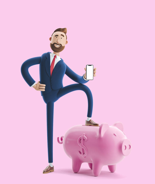 3Dイラスト。ピンクの背景に貯金箱を持つハンサムなビジネスマンの肖像画。安全なお金の保管コンセプト. - 写真・画像