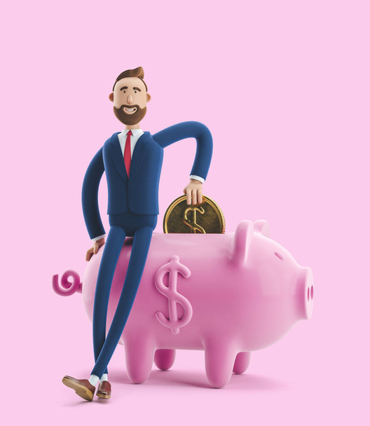 3Dイラスト。ピンクの背景に貯金箱を持つハンサムなビジネスマンの肖像画。安全なお金の保管コンセプト. - 写真・画像