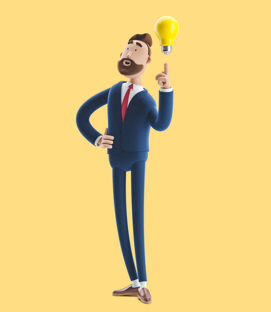 El empresario Billy con bombilla amarilla. Concepto de innovación e inspiración. Ilustración 3d sobre fondo amarillo
 - Foto, imagen