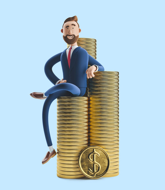 Портрет красивого персонажа з мультфільму Біллі зі стеком грошей. 3D ілюстрація на синьому фоні - Фото, зображення