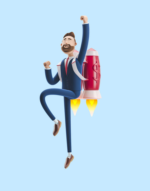 Businessman Billy flying on a rocket Jetpack up. 3d illustration on blue background. Concept of  business startup, launching of a new company. - Photo, Image