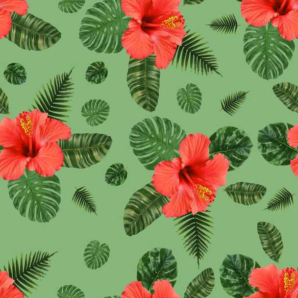seamless hibiscus flower leaf pattern design  - Photo, Image
