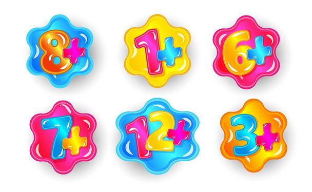 Child age restriction cartoon sticker set, colorful numbers with plus sign - Вектор,изображение