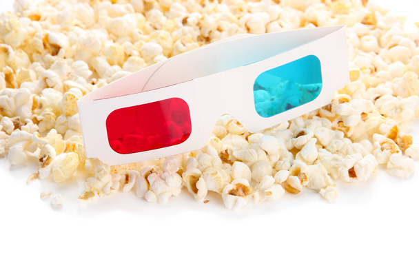 Popcorn and 3D glasses, isolated on white - Фото, зображення