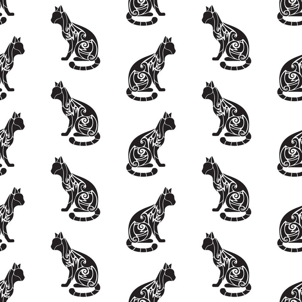 Seamless pattern with decorative ornate cute cat silhouettes. Te - Vecteur, image