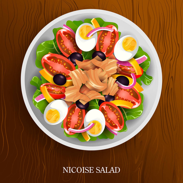 Frisse en gezonde Nicoise Saladon houten achtergrond - Vector, afbeelding