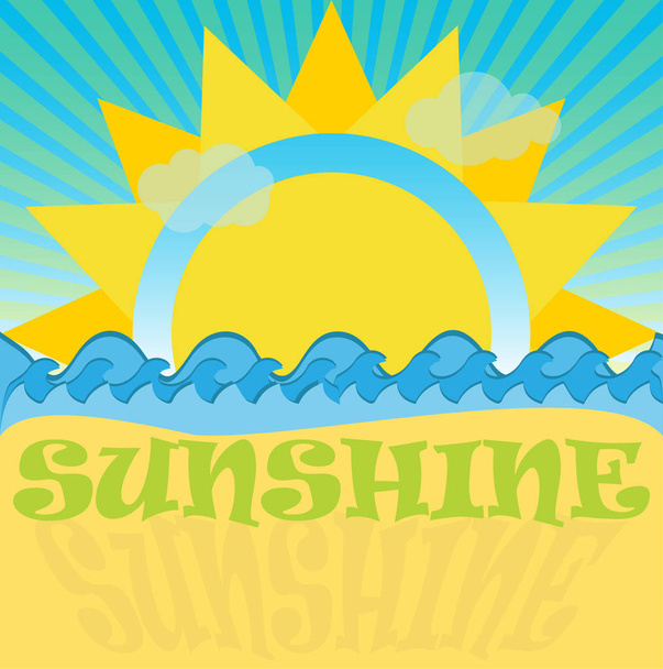 Ήλιος, κύματα και σύμβολα άμμου με το κείμενο ηλιοφάνεια - Διάνυσμα, εικόνα
