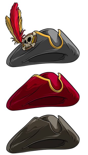 Cartoon tricorne pirate hat with skull and feather - Vector, Image
