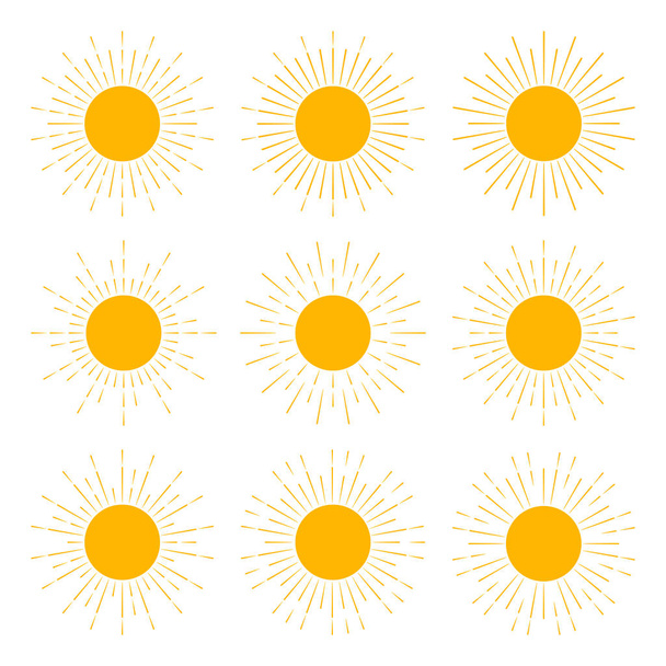 Un conjunto de soles amarillos con rayos de sol brillan. sol siluetas patrones en estilo retro. ilustración vectorial plana
 - Vector, Imagen