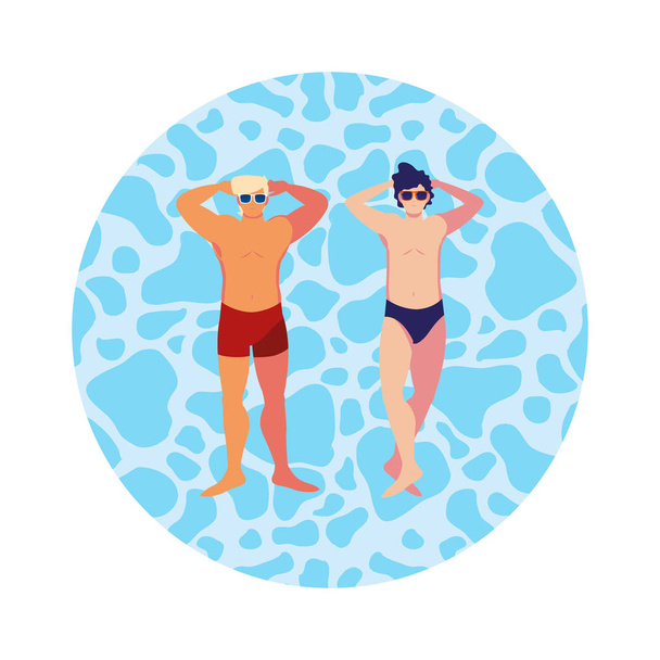 young men with swimsuit floating in water - Vector, Image