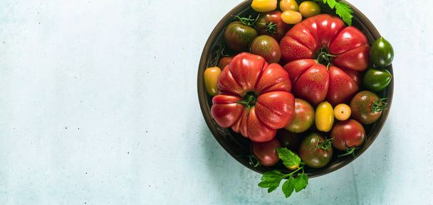 banner of multicolored tomatoes of different colors, shapes and  - Foto, Bild