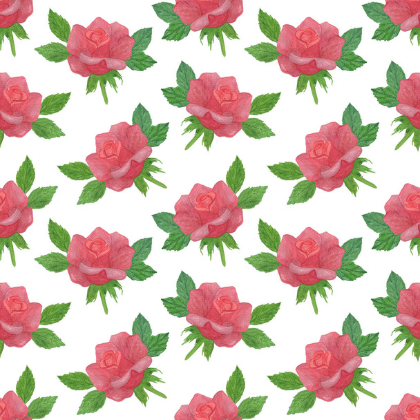 Red rose flower seamless pattern, hand drawn floral composition  - Fotoğraf, Görsel