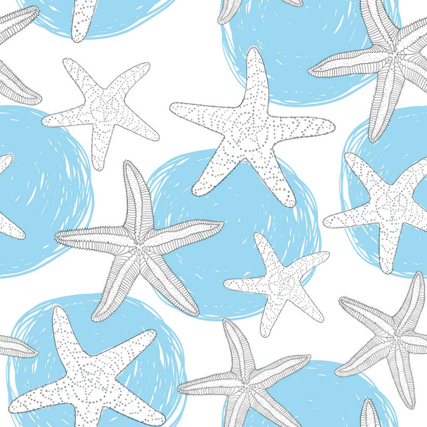 Seamless pattern with hand-drawn circles and starfish. Doodle style of the marine theme. - ベクター画像