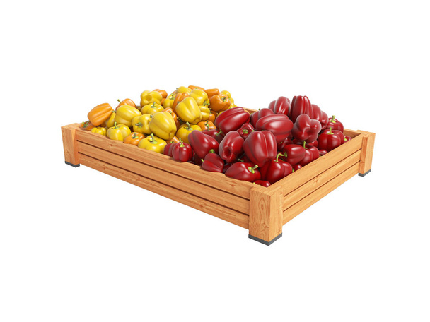 Yellow and red fresh peppers on wooden pallet left view 3d rende - Photo, Image