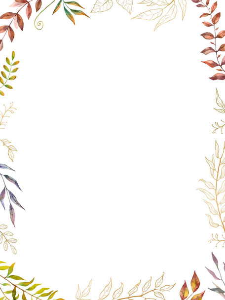 Watercolor herbal mix vector frame. Hand painted plants, branches and leaves on white background. - Vector, Image