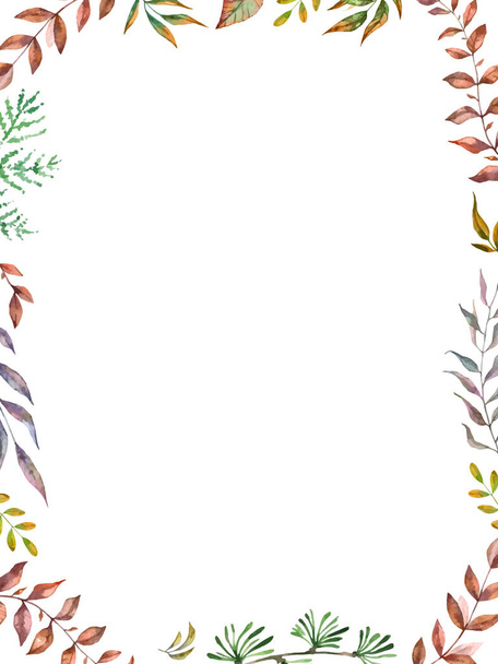 Watercolor herbal mix vector frame. Hand painted plants, branches and leaves on white background. - Vektör, Görsel