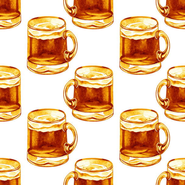 seamless pattern with watercolor mugs of beer, alcohol drinks ornament, oktoberfest background, hand drawn illustration. St. Patricks day - Photo, Image