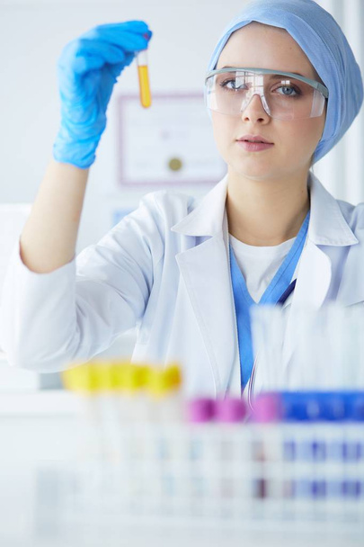 A female medical or scientific researcher or woman doctor looking at a test tube of clear solution in a laboratory - Foto, Imagem