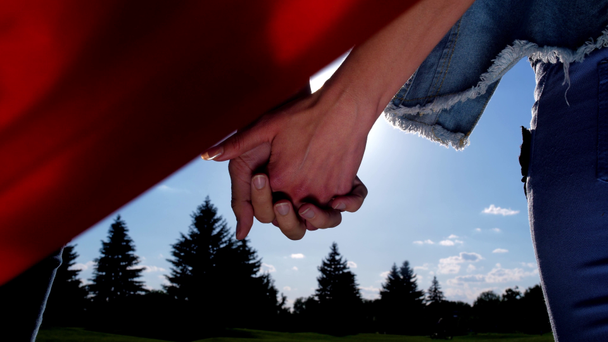 Λεσβιακό ζευγάρι που ενώνει τα χέρια κοιτάζοντας φωτεινό ήλιο - Πλάνα, βίντεο
