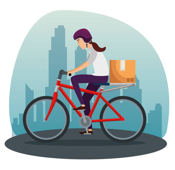 woman in the bicycle with box package distribution - Vector, Image