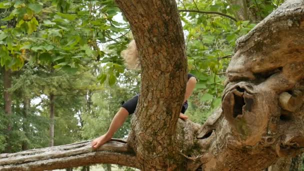 Милая маленькая девочка с голубыми глазами и светлыми волосами босиком прячется за веткой большого дерева в парке в летний день
 - Кадры, видео