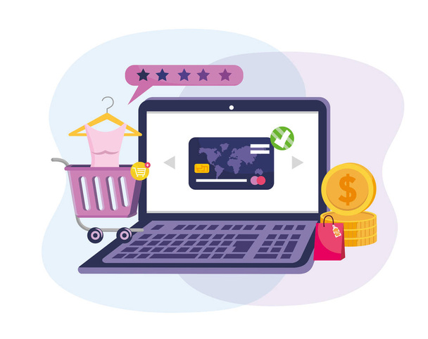Technologia e-commerce laptop z kartą kredytową i kupić online - Wektor, obraz