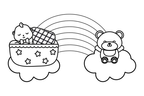 bebé durmiendo en una cuna y un oso de juguete en blanco y negro
 - Vector, imagen