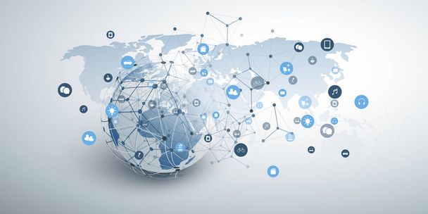 Conception de concepts pour l'Internet des objets, l'informatique en nuage et les réseaux mondiaux avec globe terrestre, icônes et maillage réseau géométrique
 - Vecteur, image