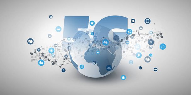 5G Network Label in front of Earth Globe - High Speed, Broadband Mobile Telecommunication and Wireless Internet Design Concept with Earth Globe and Icons - Vector, Image
