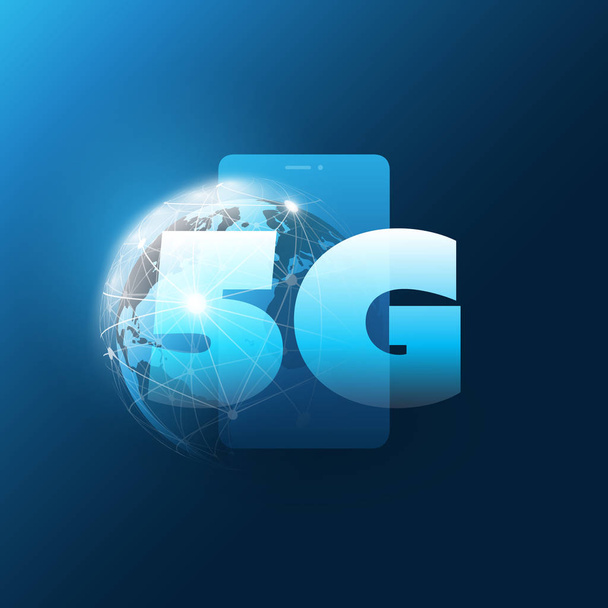 Etiqueta de rede 5G na frente de um telefone inteligente e globo terrestre - Conceito de alta velocidade, telecomunicações móveis de banda larga e design de Internet sem fio
 - Vetor, Imagem