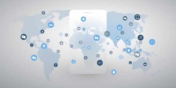 Internet de las Cosas, Concepto de Diseño de Computación en Nube con Mapa del Mundo, Silueta de Smartphone e Iconos - Conexiones de Red Digital Global, Concepto de Tecnología Inteligente
 - Vector, Imagen