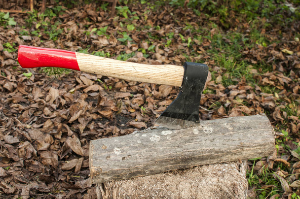Вісь з дерев'яною ручкою, застрягнутою в дровах на старому пні на фоні осіннього сухого листя
 - Фото, зображення
